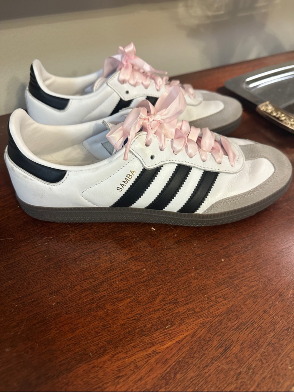 adidas White & Black Samba Sneakers with Pink Ribbon Laces - Picture 3 of 5